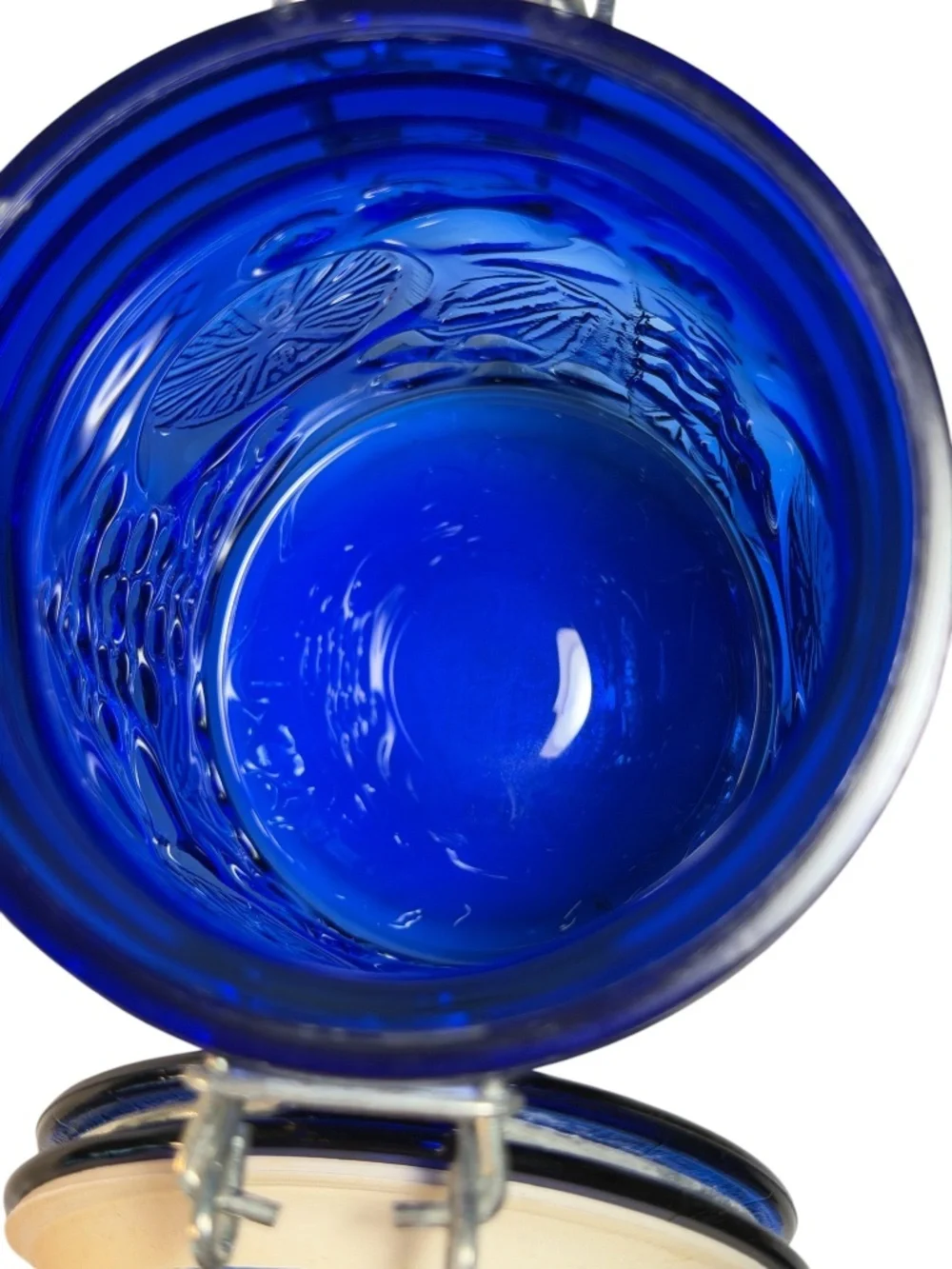 Cobalt Blue Glass Canister Embossed Fruit Lemon Cherries Grapes Wire Bail 6